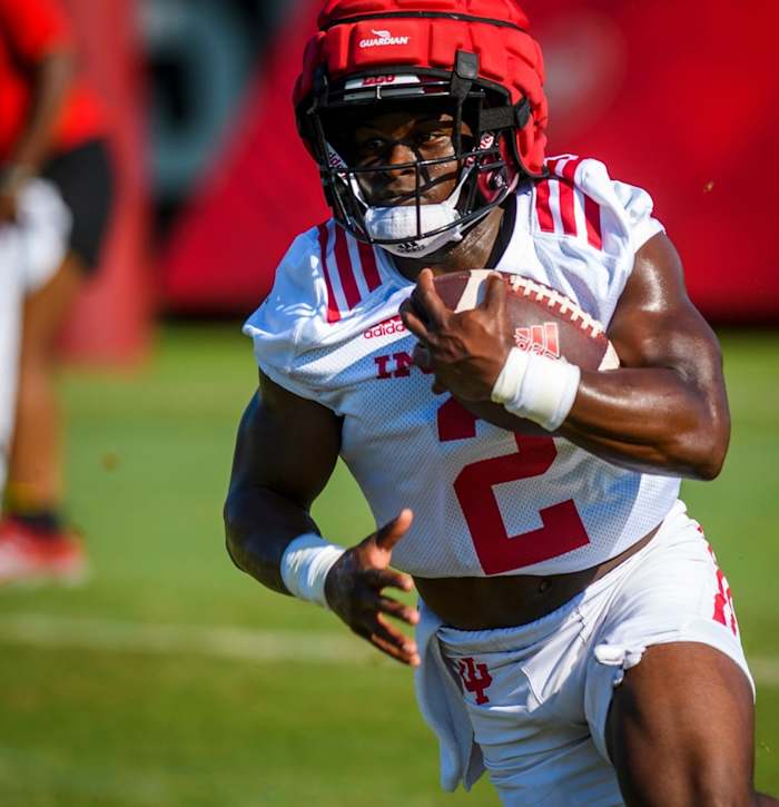 Indiana's Shaun Shivers (2) runs during fall football camp at Indiana University on Thursday, Aug. 11, 2022.